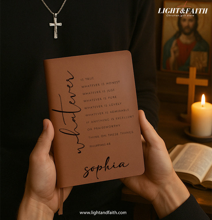 Personalized Christian Journal with Philippians 4:8 Scripture, Custom Name Prayer & Faith Notebook, Religious Gift, First Communion Gifts, Birthday. NBLAF09